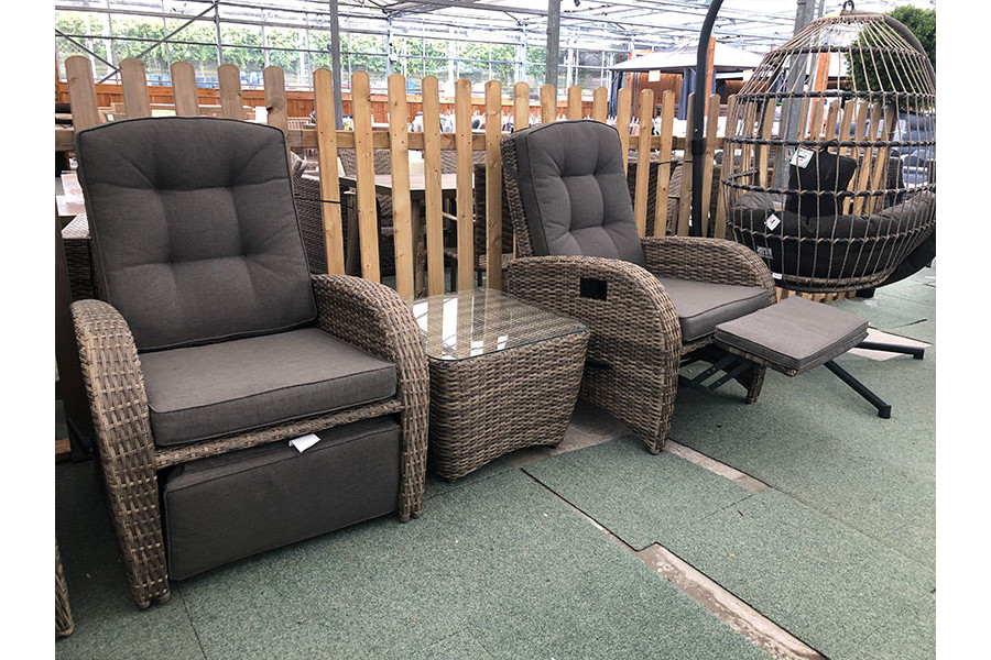 Reclining Rattan Bistro Set Built in Footrests in Cappuccino
